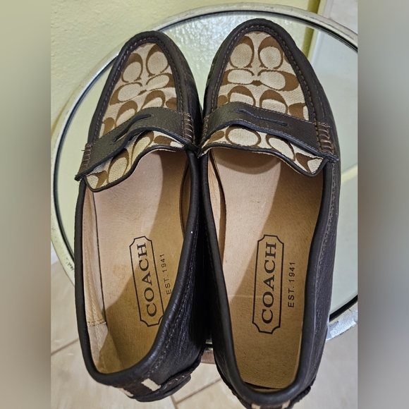 COACH Men's Brown Logo Canvas Penny Loafers with Dark Brown Trim - Picture 4 of 9